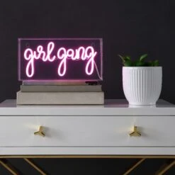 Girl Gang 11.88" Contemporary Glam Acrylic Box USB Operated LED Neon Light, Pink By JONATHAN Y -Safavieh Winkel Girl Gang 11.8822 Contemporary Glam Acrylic Box USB Operated LED Neon Light2C Pink by JONATHAN Y 1