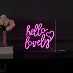 Hello Lovely 10" Square Contemporary Glam Acrylic Box USB Operated LED Neon Light, Pink By JONATHAN Y -Safavieh Winkel Hello Lovely 1022 Square Contemporary Glam Acrylic Box USB Operated LED Neon Light2C Pink by JONATHAN Y 2