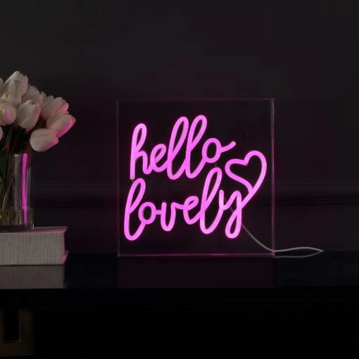 Hello Lovely 10" Square Contemporary Glam Acrylic Box USB Operated LED Neon Light, Pink By JONATHAN Y -Safavieh Winkel Hello Lovely 1022 Square Contemporary Glam Acrylic Box USB Operated LED Neon Light2C Pink by JONATHAN Y 2 scaled