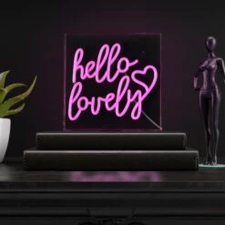 Hello Lovely 10" Square Contemporary Glam Acrylic Box USB Operated LED Neon Light, Pink By JONATHAN Y -Safavieh Winkel Hello Lovely 1022 Square Contemporary Glam Acrylic Box USB Operated LED Neon Light2C Pink by JONATHAN Y 3