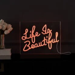 Life Is Beautiful 13.7" X 10.9" Contemporary Glam Acrylic Box USB Operated LED Neon Light, Orange By JONATHAN Y - 13.7" X 10.9" -Safavieh Winkel Life is Beautiful 13.722 X 10.922 Contemporary Glam Acrylic Box USB Operated LED Neon Light2C Orange by JONATHAN Y 2