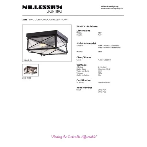 Millennium Lighting Robinson 2 Light Indoor/Outdoor Flush Mount Fixture With Clear Seeded Glass -Safavieh Winkel Millennium Lighting Outdoor Flush Mount Decorative