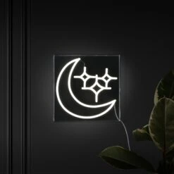 Starry Crescent 10" Square Contemporary Glam Acrylic Box USB Operated LED Neon Light, White By JONATHAN Y -Safavieh Winkel Starry Crescent 1022 Square Contemporary Glam Acrylic Box USB Operated LED Neon Light2C White by JONATHAN Y 1