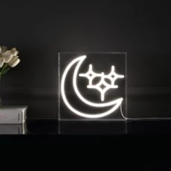 Starry Crescent 10" Square Contemporary Glam Acrylic Box USB Operated LED Neon Light, White By JONATHAN Y -Safavieh Winkel Starry Crescent 1022 Square Contemporary Glam Acrylic Box USB Operated LED Neon Light2C White by JONATHAN Y 2