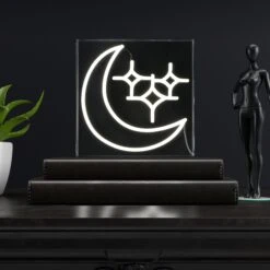 Starry Crescent 10" Square Contemporary Glam Acrylic Box USB Operated LED Neon Light, White By JONATHAN Y -Safavieh Winkel Starry Crescent 1022 Square Contemporary Glam Acrylic Box USB Operated LED Neon Light2C White by JONATHAN Y 3