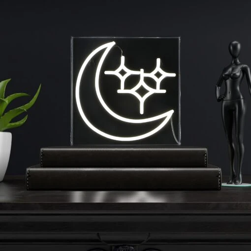 Starry Crescent 10" Square Contemporary Glam Acrylic Box USB Operated LED Neon Light, White By JONATHAN Y -Safavieh Winkel Starry Crescent 1022 Square Contemporary Glam Acrylic Box USB Operated LED Neon Light2C White by JONATHAN Y 3 scaled