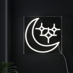 Starry Crescent 10" Square Contemporary Glam Acrylic Box USB Operated LED Neon Light, White By JONATHAN Y -Safavieh Winkel Starry Crescent 1022 Square Contemporary Glam Acrylic Box USB Operated LED Neon Light2C White by JONATHAN Y 5