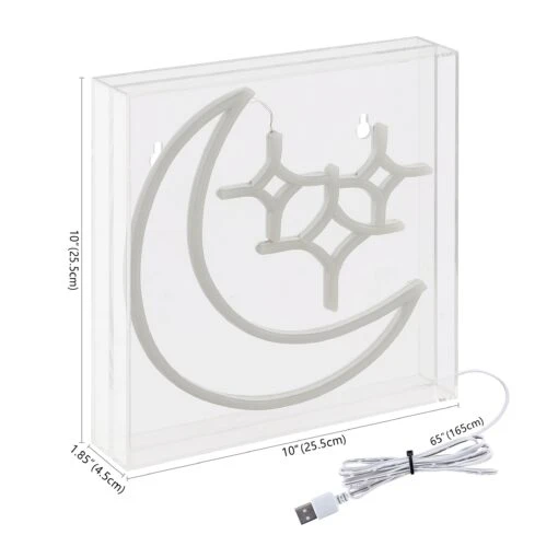 Starry Crescent 10" Square Contemporary Glam Acrylic Box USB Operated LED Neon Light, White By JONATHAN Y -Safavieh Winkel Starry Crescent 1022 Square Contemporary Glam Acrylic Box USB Operated LED Neon Light2C White by JONATHAN Y